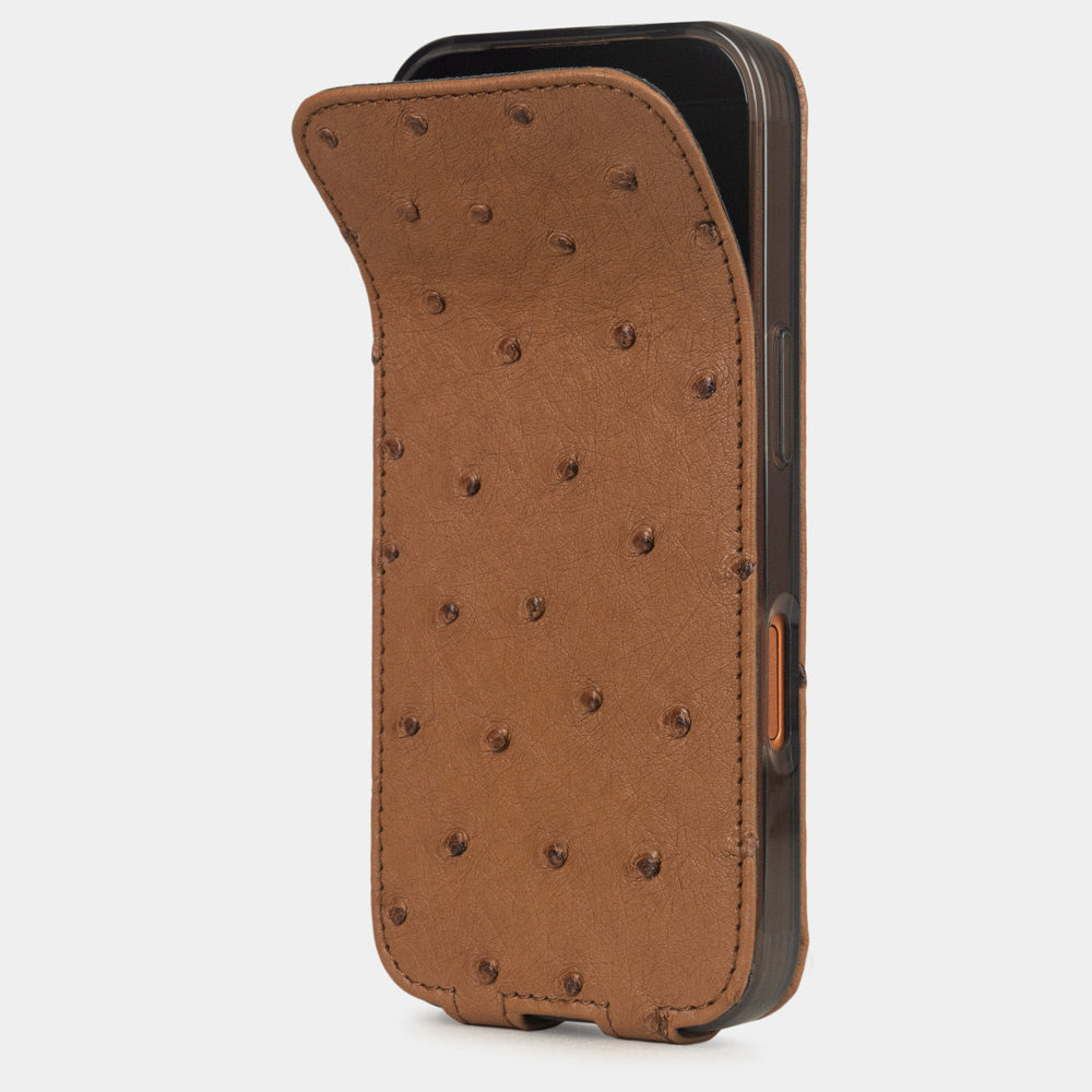 Gold Ostrich Case iPhone 17 Pro Max – phone flip case with textured quill pattern, flexible front cover folding back to protect the smartphone screen