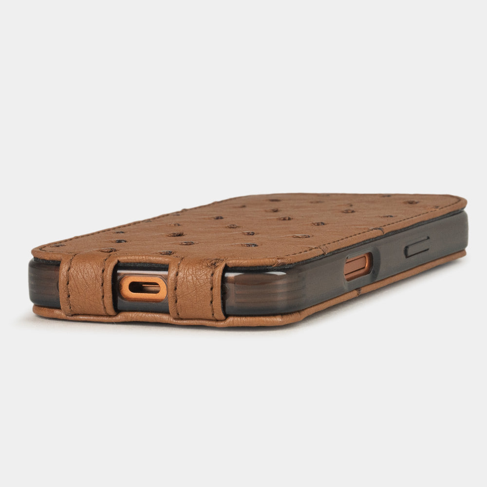 Gold Ostrich Case iPhone 17 Pro Max - flat side view displaying ultra-thin handcrafted design, USB-C port opening and precise edge finishing