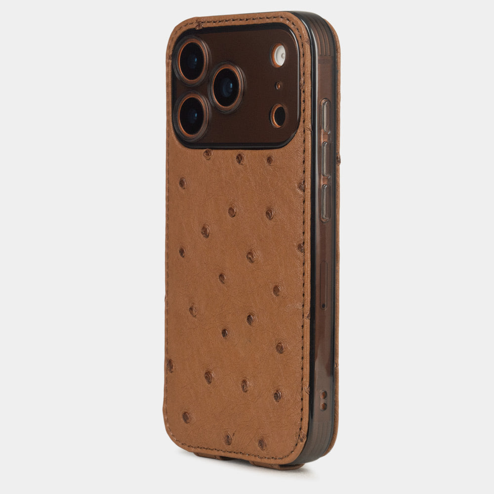 Gold Ostrich Case iPhone 17 Pro Max orange - view from camera side and how the lenses are efficiently protected