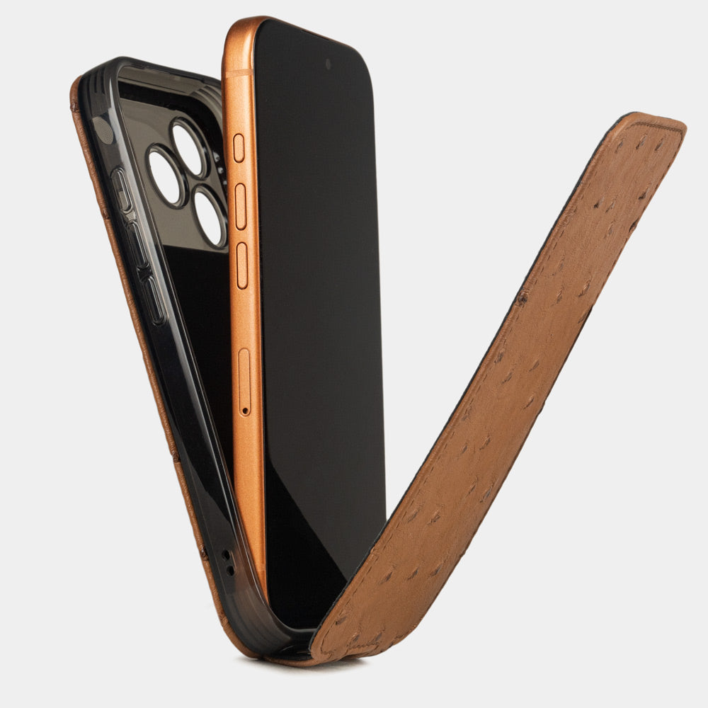 Gold Ostrich Case iPhone 17 Pro Max - flip phone case shown open on smartphone, natural scale texture with folding front cover