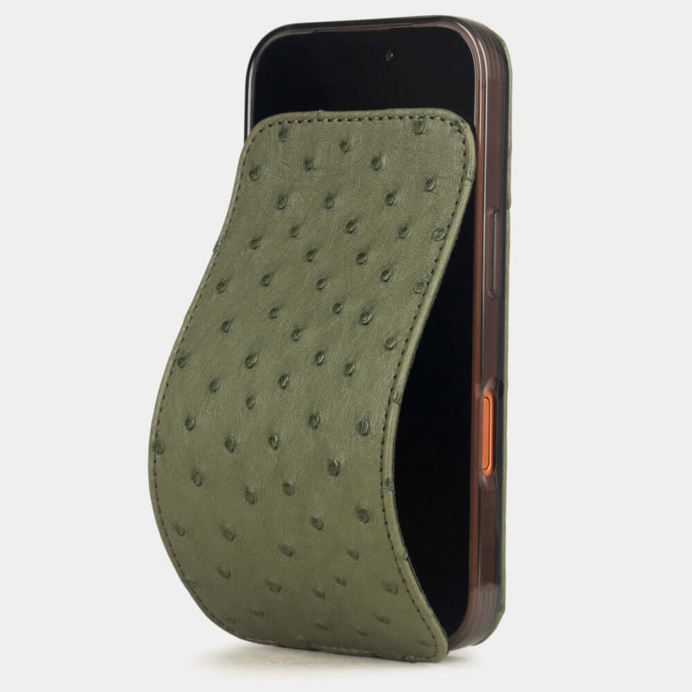 Green Ostrich Case iPhone 17 Pro Max – luxury handmade phone case in genuine ostrich leather with magnetic front cover partially open, main photo