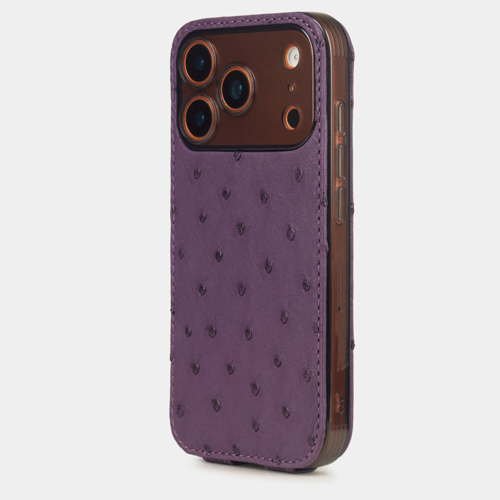 Purple Ostrich leather Case iPhone 17 Pro Max orange - view from camera side and how the lenses are efficiently protected