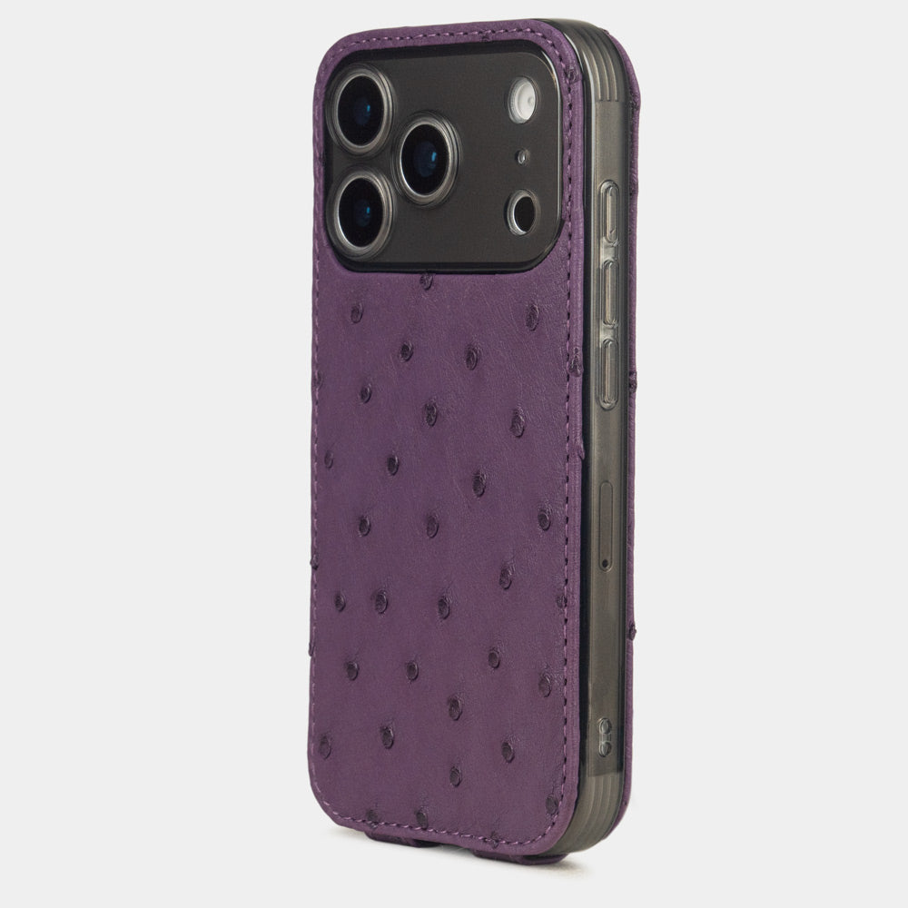Purple Ostrich leather Case iPhone 17 Pro Max silver - view from camera side and how the lenses are efficiently protected