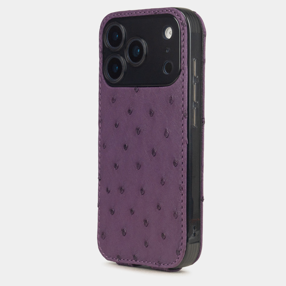 Purple Ostrich leather Case iPhone 17 Pro Max blue - view from camera side and how the lenses are efficiently protected