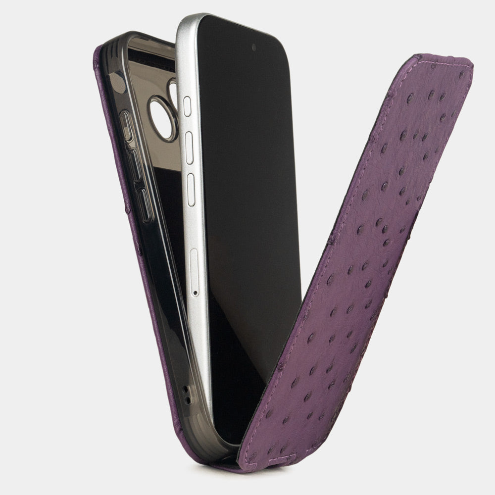 Purple Ostrich leather case iPhone 17 Pro Max - view how the iphone is inserted into the silicone case and the soft cover