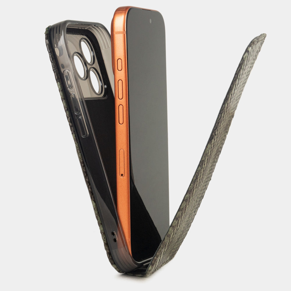Green Python Case iPhone 17 Pro Max - flip phone case shown open on smartphone, natural scale texture with folding front cover