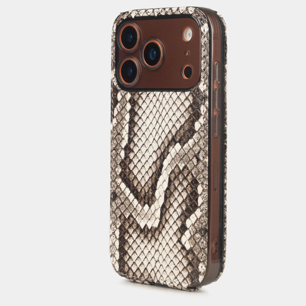 natural python leather Case iPhone 17 Pro Max orange - view from camera side and how the lenses are efficiently protected