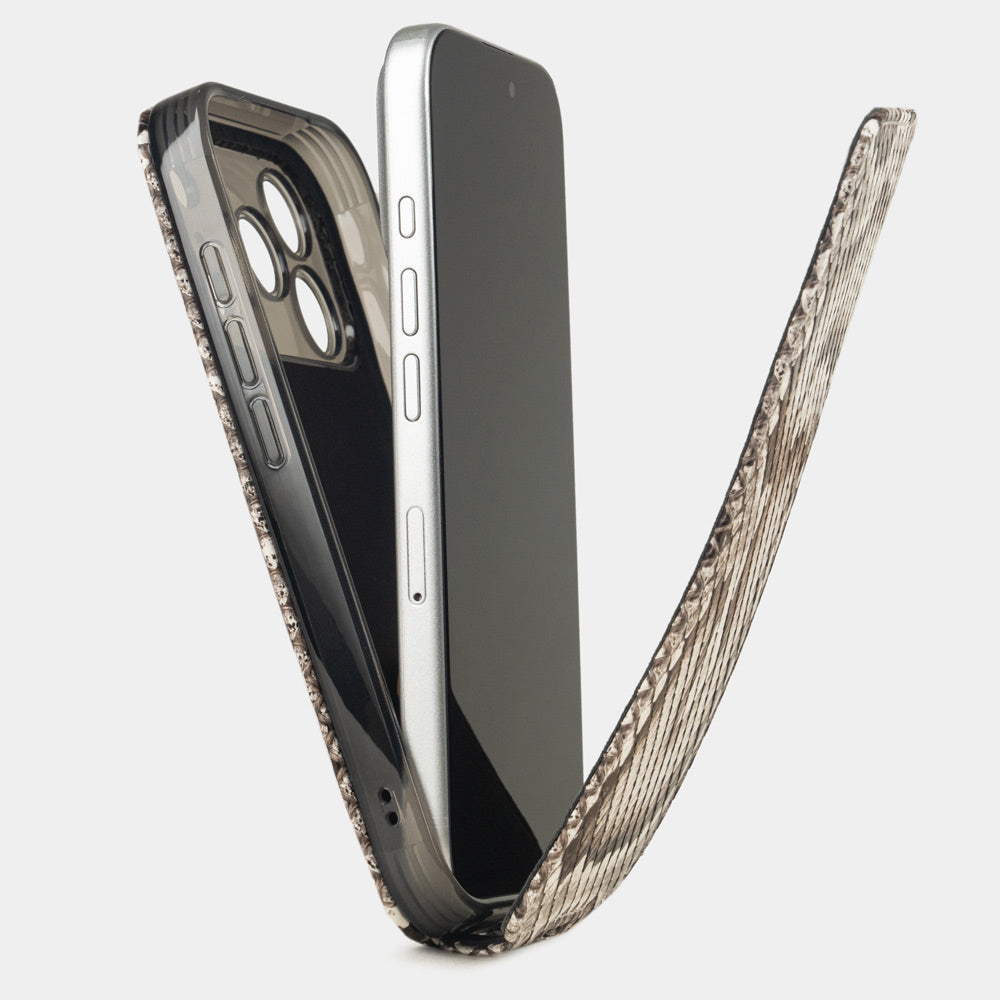 natural python leather case iPhone 17 Pro Max - view how the iphone is inserted into the silicone case and the soft cover