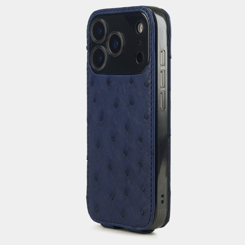 blue ostrich leather Case iPhone 17 Pro Max blue - view from camera side and how the lenses are efficiently protected
