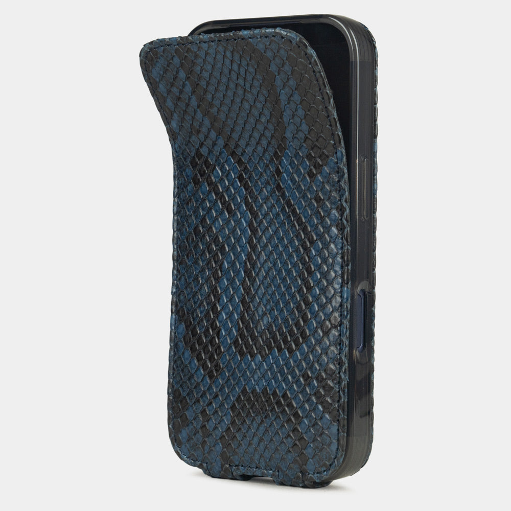 blue python leather case iPhone 17 Pro Max – phone flip case with textured natural scale pattern, flexible front cover folding back to protect the smartphone screen