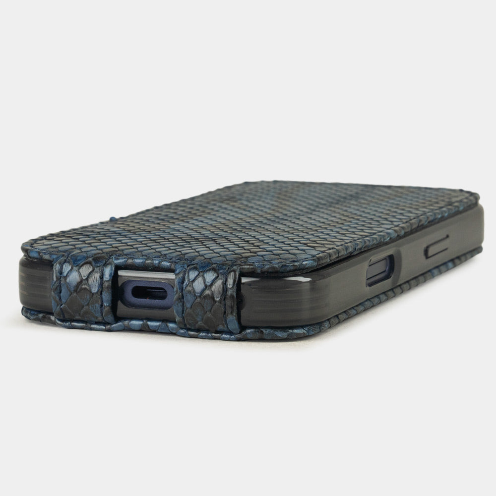 blue python leather case iPhone 17 Pro Max - flat side view displaying ultra-thin handcrafted design, USB-C port opening and precise edge finishing