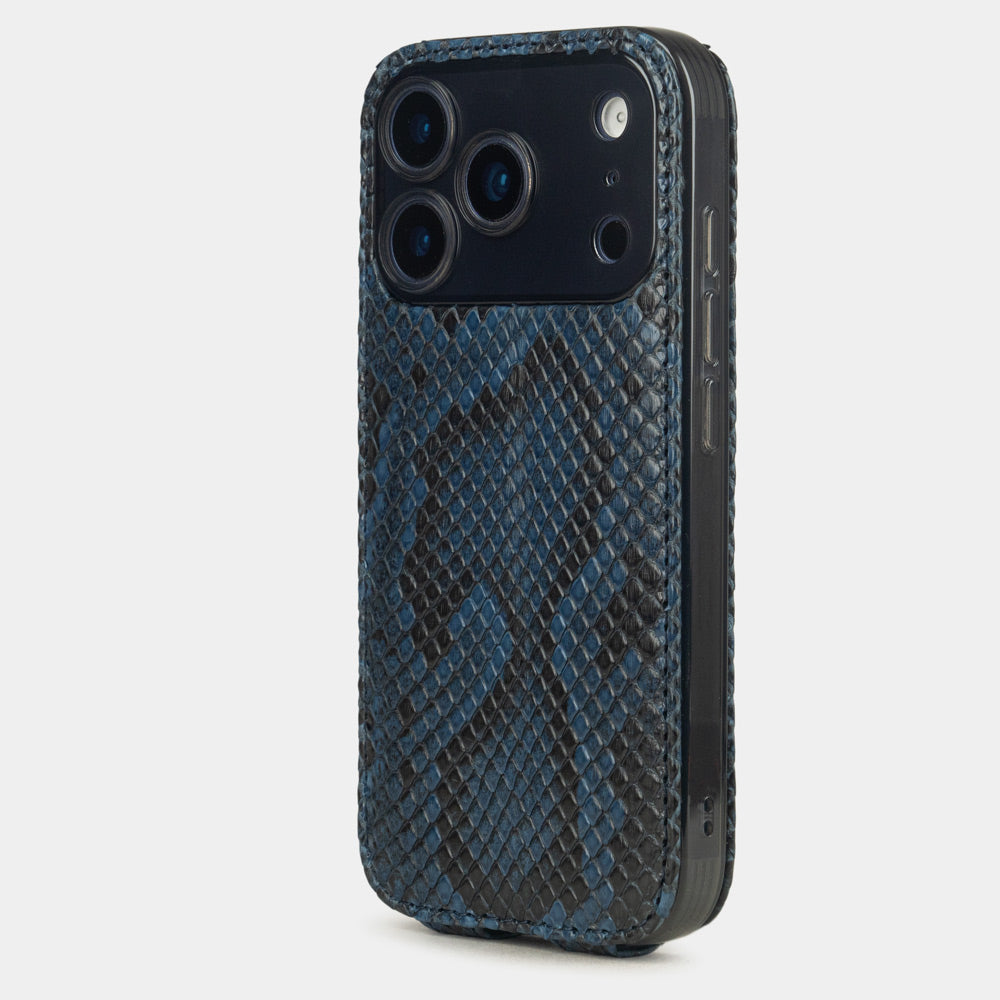 blue python leather Case iPhone 17 Pro Max blue - view from camera side and how the lenses are efficiently protected