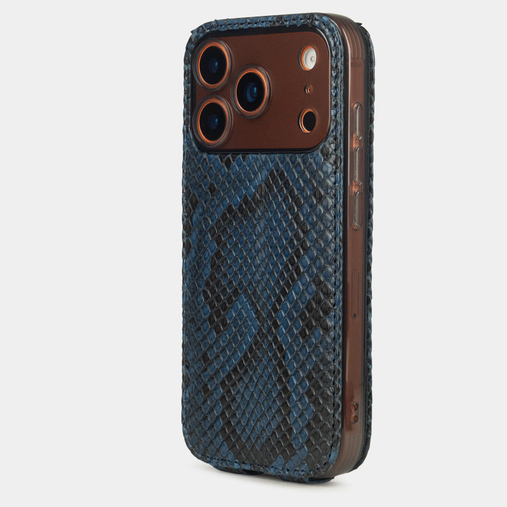 blue python leather Case iPhone 17 Pro Max orange- view from camera side and how the lenses are efficiently protected