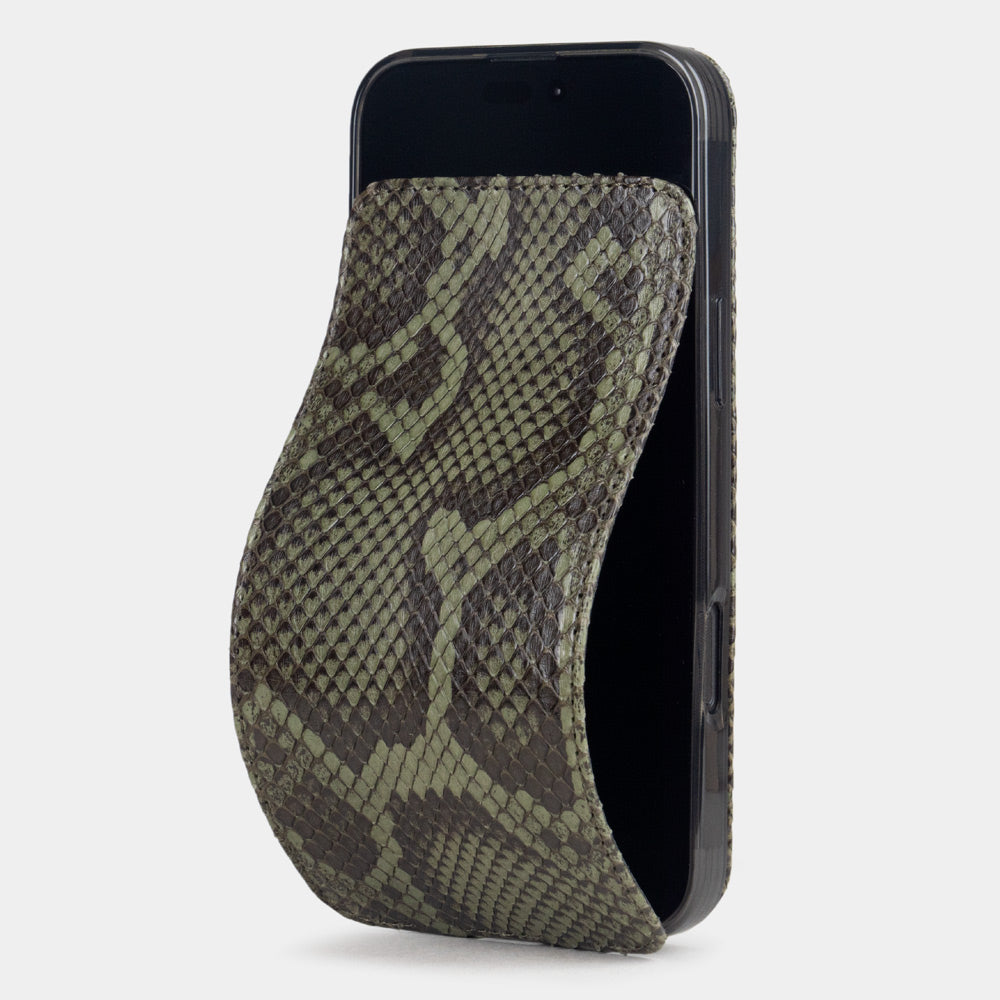 Green Python Case iPhone 17 Pro Max – luxury handmade phone case in genuine python leather with magnetic front cover partially open, main photo