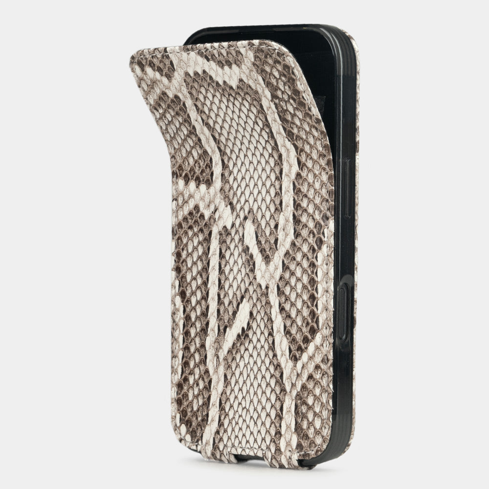 natural python leather case iPhone 17 Pro Max – phone flip case with textured natural scale pattern, flexible front cover folding back to protect the smartphone screen