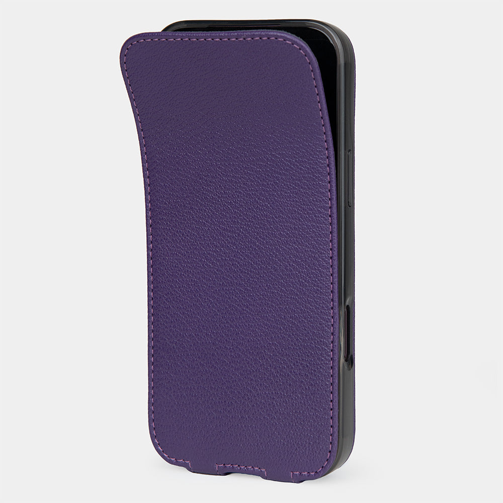 iPhone 18 Pro / Pro Max flip case in purple Sully goat leather – front view with the magnetic flap slightly lifted