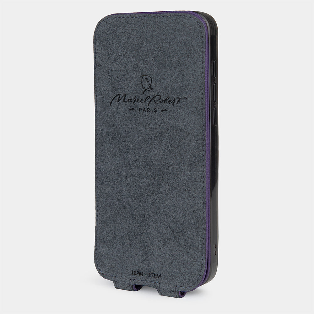 iPhone 18 Pro / Pro Max flip case in purple Sully goat leather – inside of the flap, grey Alcantara lining with Marcel Robert logo