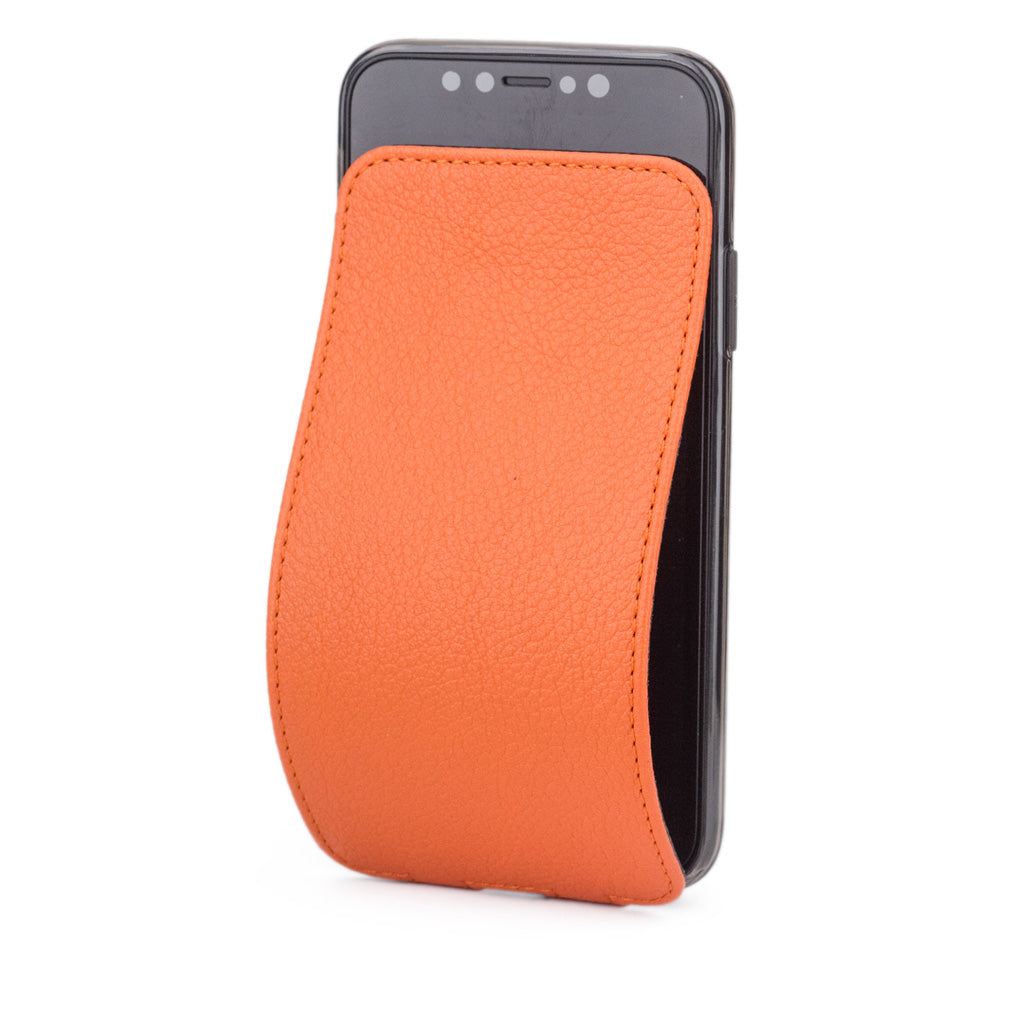 Orange leather flip case for iPhone X - luxury handmade phone case in genuine leather with magnetic front cover partially open