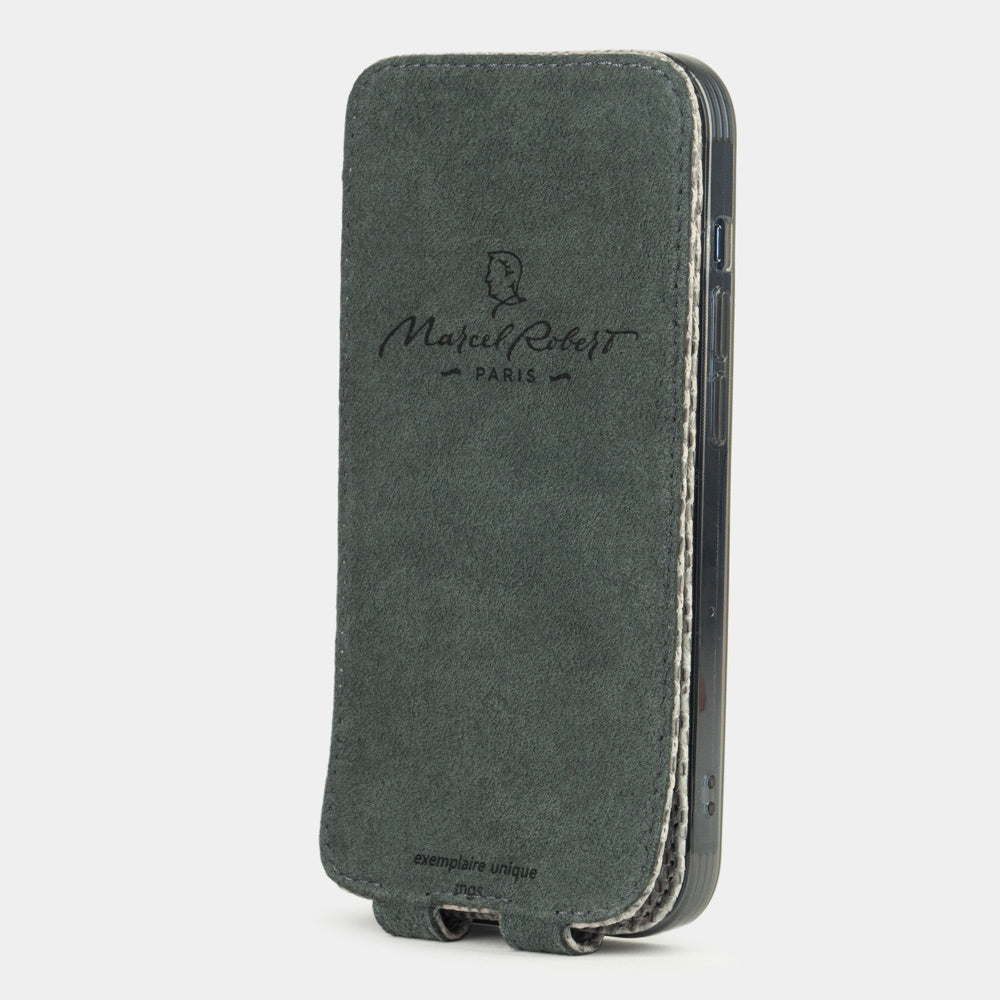 iPhone 14 Pro flip case in grey lizard leather – flap opened to show the Alcantara® lining that cleans the screen