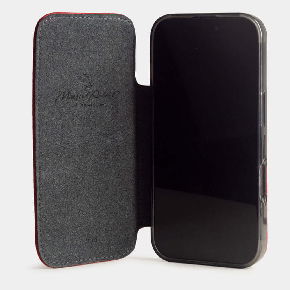 red Calfskin Wallet Case iPhone 17 Air - case with grey Alcantara lining shown open on smartphone