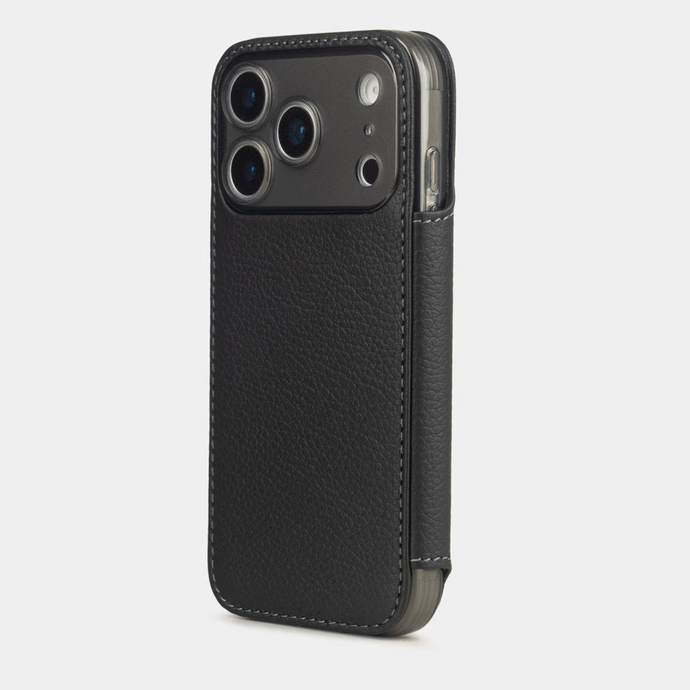 black Calfskin Wallet Case iPhone 17 Pro Max silver - view from camera side and how the lenses are efficiently protected