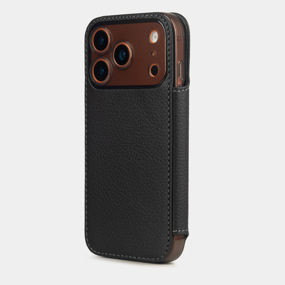 black Calfskin Wallet Case iPhone 17 Pro Max orange - view from camera side and how the lenses are efficiently protected