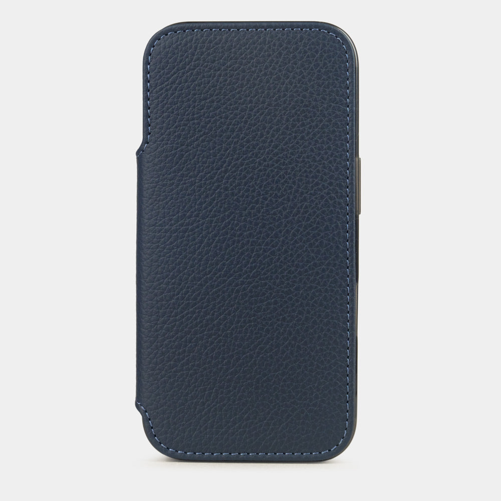 blue Calfskin Wallet Case iPhone 17 Pro Max – luxury handmade phone case in genuine leather with magnetic front cover closed, main photo