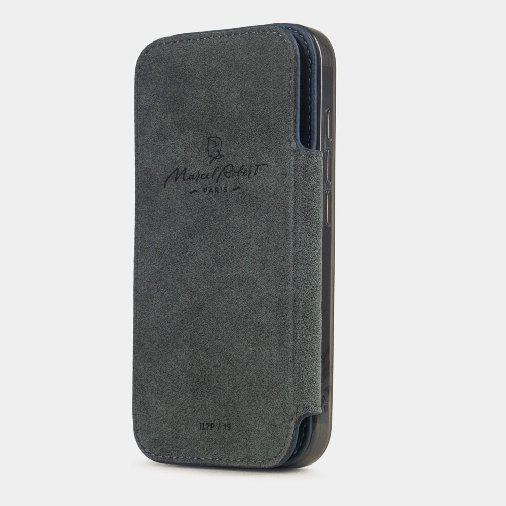 blue Calfskin Wallet Case iPhone 17 Pro Max - interior view showing grey Alcantara lining with magnetic closure, designed to protect the screen