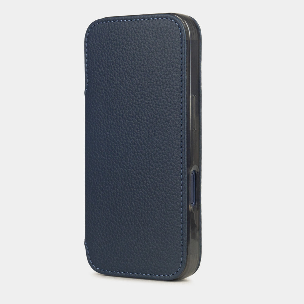 blue Calfskin Wallet Case iPhone 17 Pro Max – upright closed view highlighting the magnetic front cover fully protecting the screen, elegant silhouette