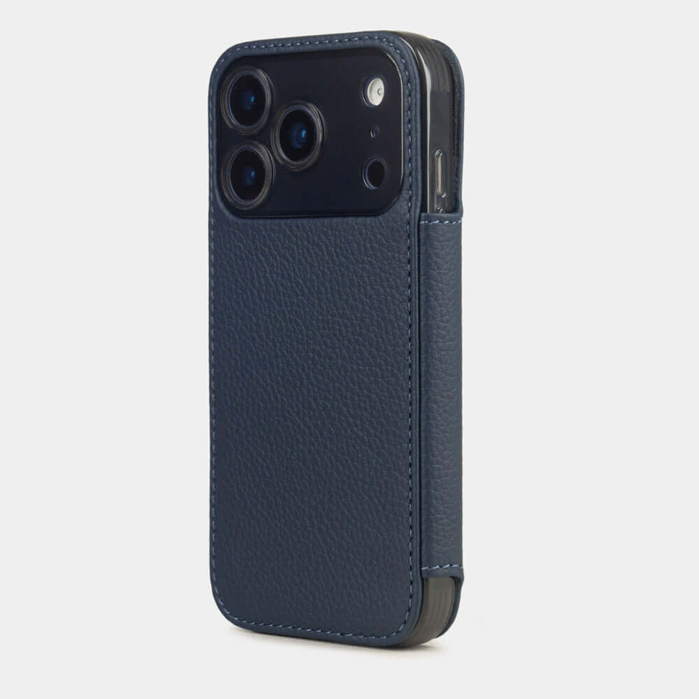 blue Calfskin Wallet Case iPhone 17 Pro Max blue - view from camera side and how the lenses are efficiently protected