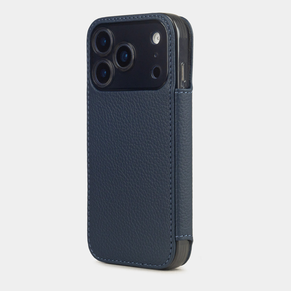 blue Calfskin Wallet Case iPhone 17 Pro Max blue - view from camera side and how the lenses are efficiently protected