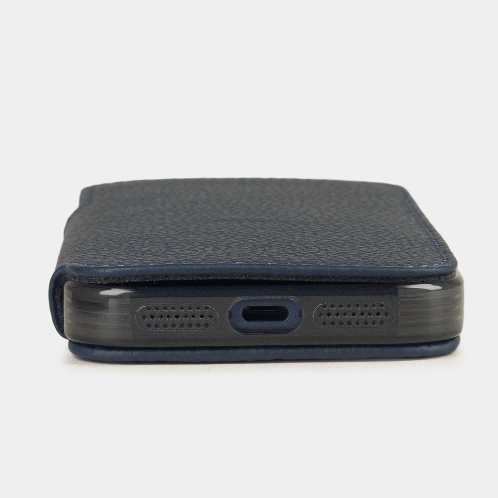 blue calfskin Wallet Case iPhone 17 Pro Max - flat side view displaying ultra-thin handcrafted design, USB-C port opening and precise edge finishing