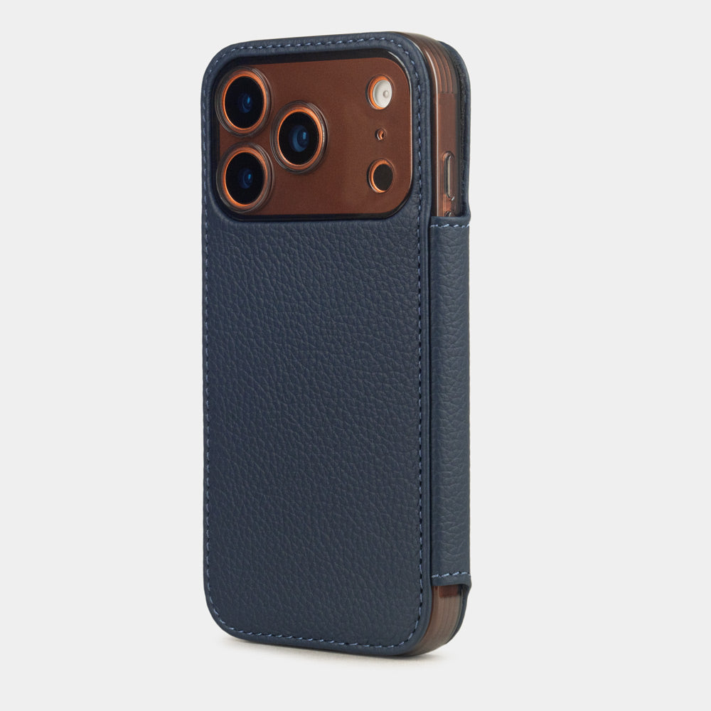 blue Calfskin Wallet Case iPhone 17 Pro Max orange - view from camera side and how the lenses are efficiently protected