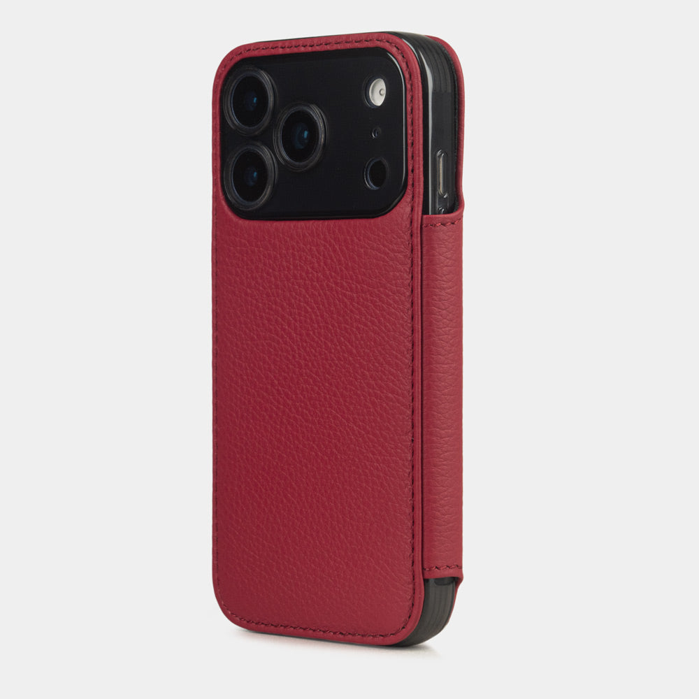 red calfskin Wallet Case iPhone 17 Pro Max blue - view from camera side and how the lenses are efficiently protected