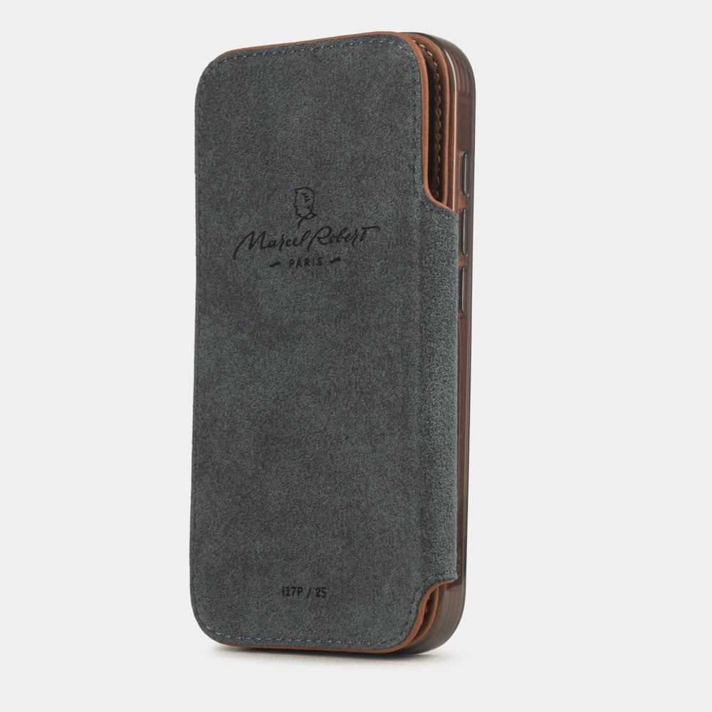 iPhone 17e & 16e calfskin folio wallet case gold – interior view showing the grey Alcantara lining with magnetic closure, designed to protect the screen