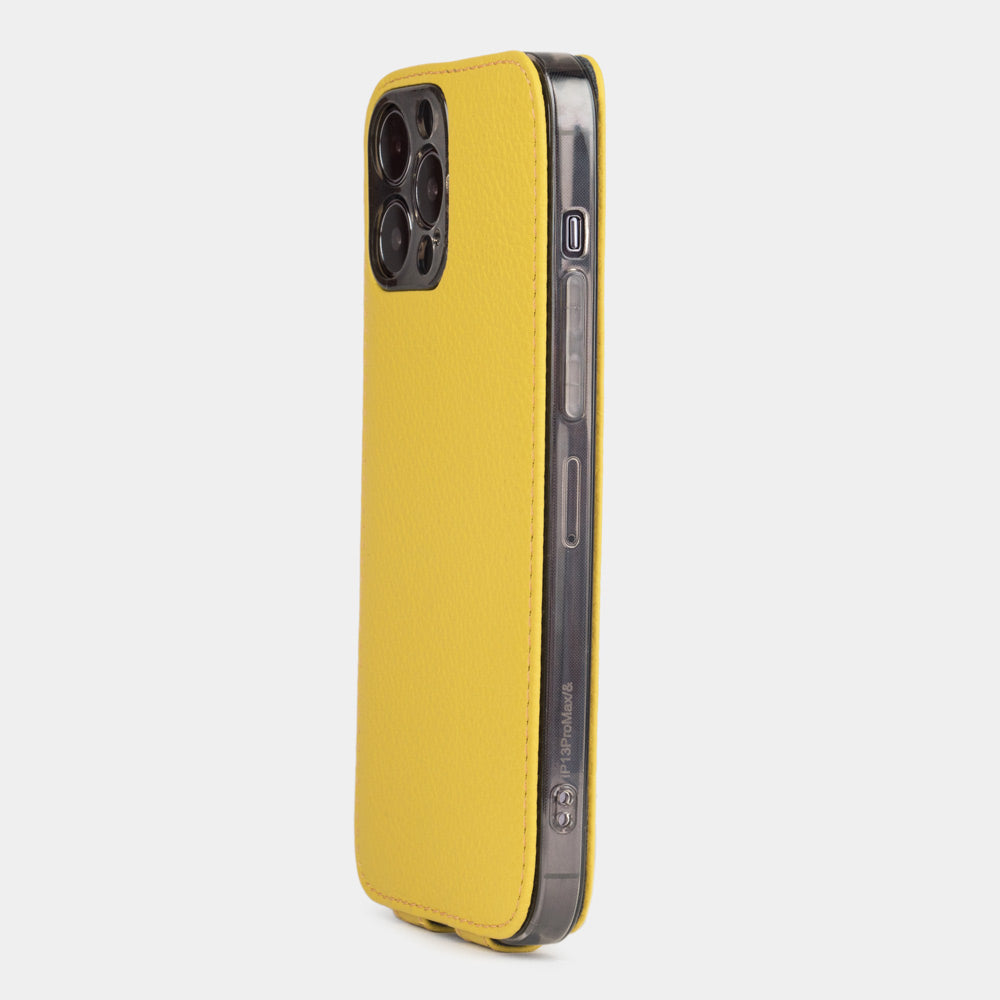 iPhone 14 Pro flip case made with yellow premium leather – view from the camera side showing how the leather efficiently protects the camera block