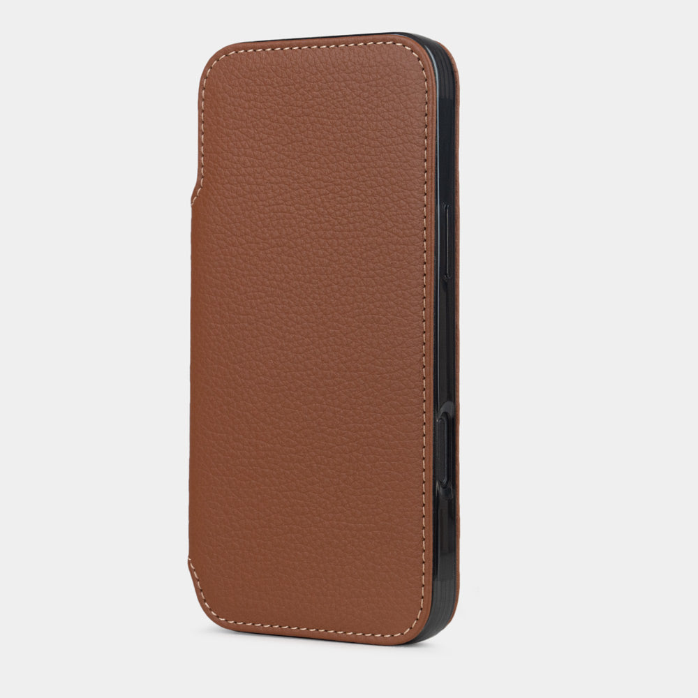Front view of Marcel Robert iPhone 17 folio case - made of gold premium full-grain calfskin leather, closed position with magnetic cover