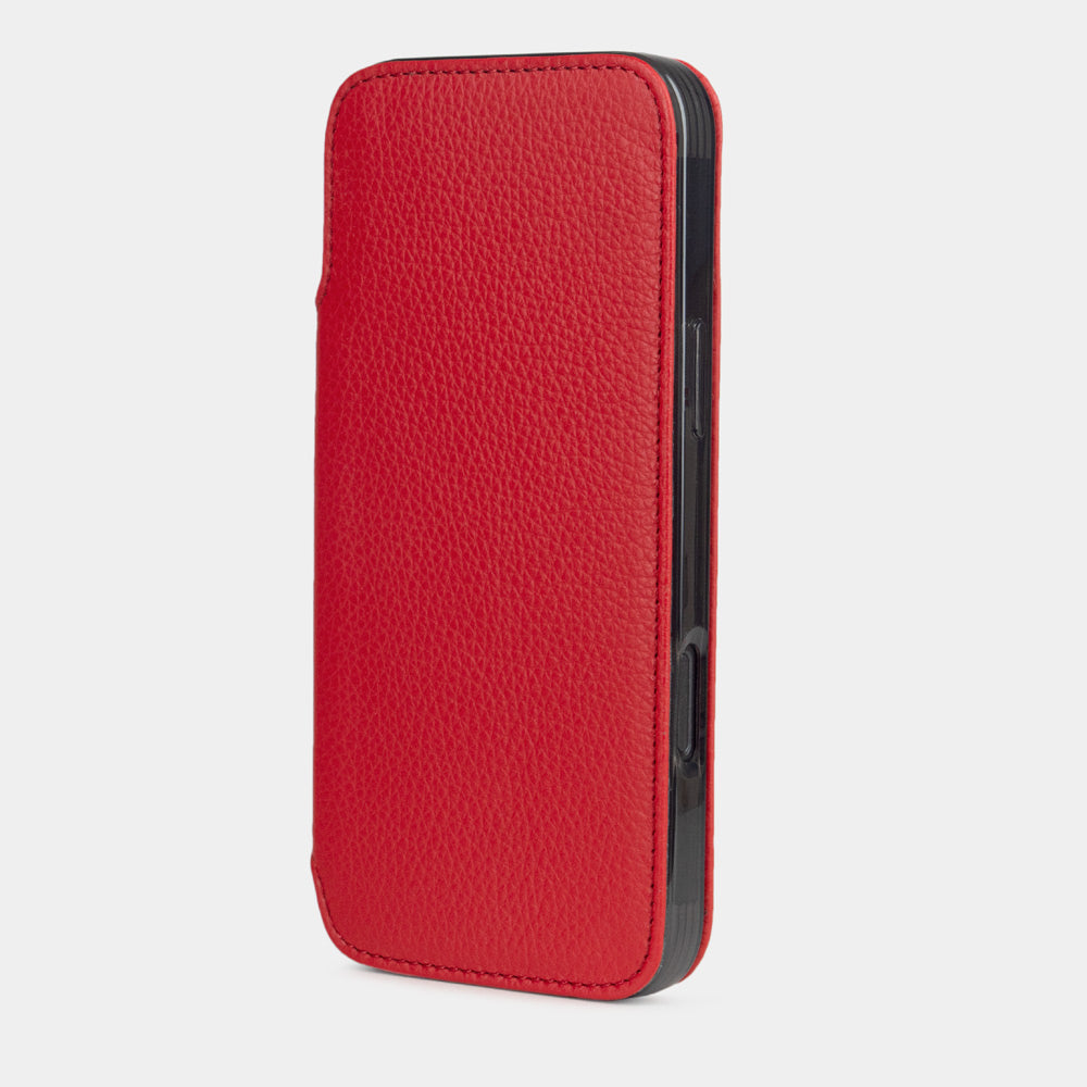 Front view of Marcel Robert iPhone 17 folio case - made of red premium full-grain calfskin leather, closed position with magnetic cover| main image