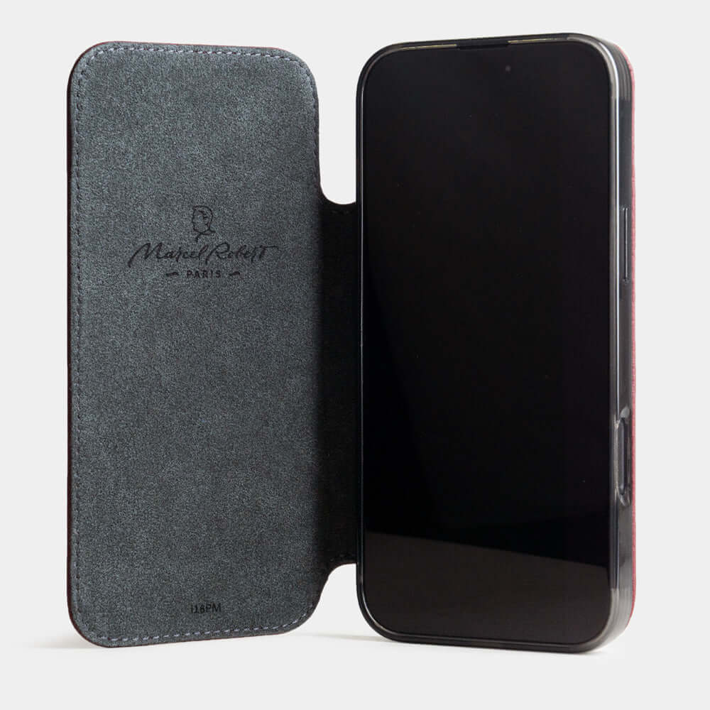 Open folio view of Marcel Robert iPhone 17 pro max folio case in bordeaux calfskin leather, grey Alcantara cover folded back and held with integrated magnets