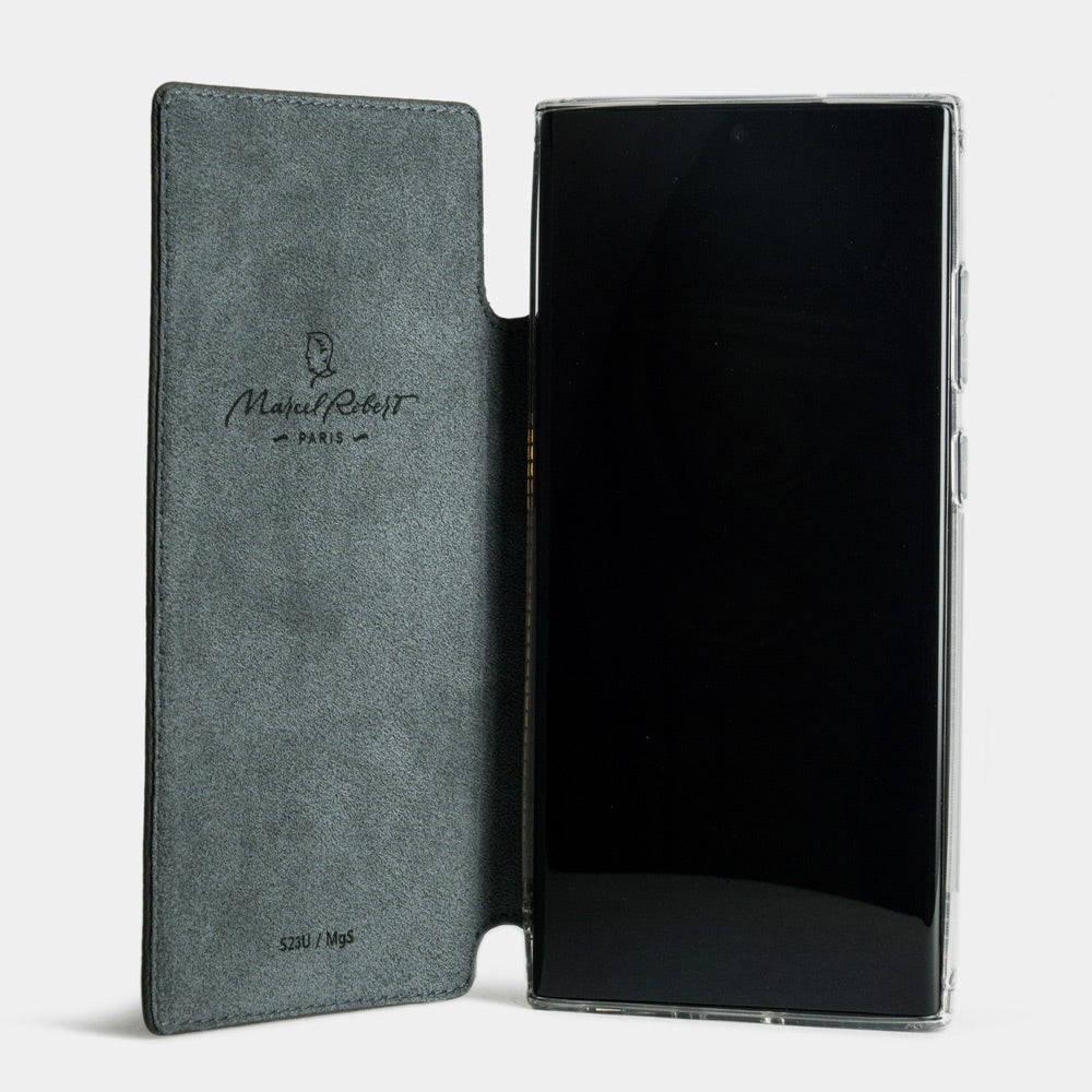 Blue calfskin wallet case for Samsung Galaxy S24 Ultra – case opened flat, revealing the Alcantara® inner protective lining