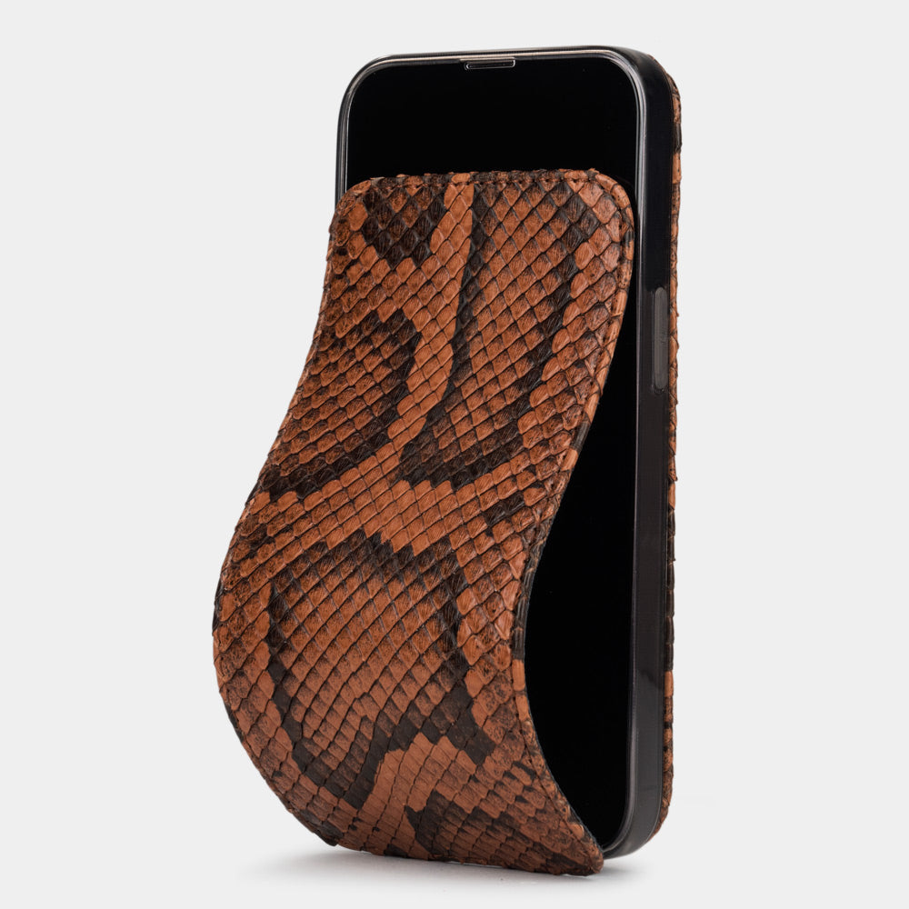 Marcel Robert iPhone 14 Pro python leather flip case in gold, front view with the magnetic flap closed