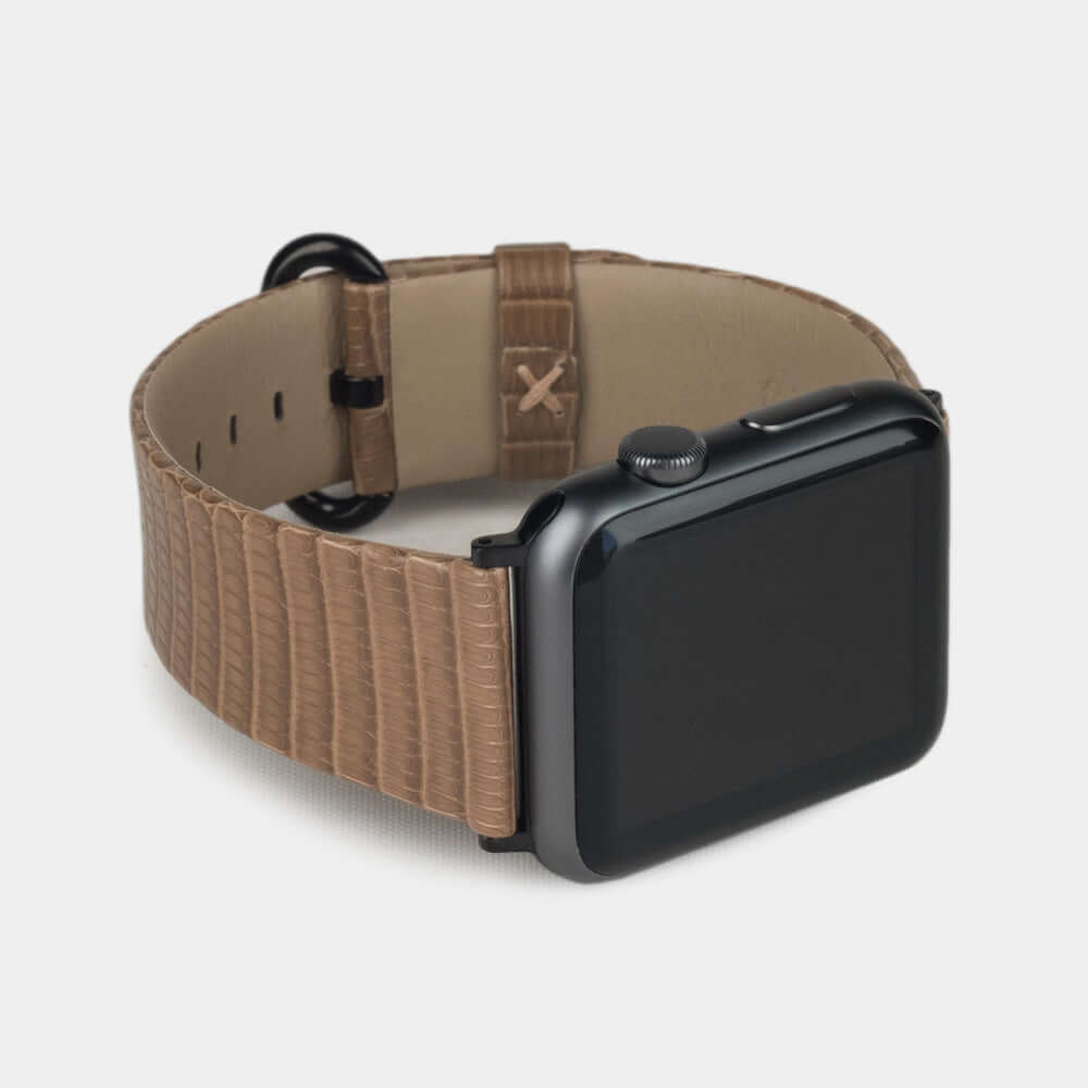 gold lizard strap apple watch black adapters and buckle frontal view