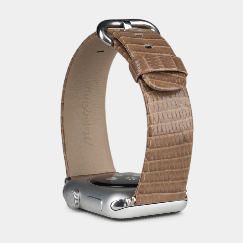 gold lizard strap apple watch steel adapters and buckle upper view