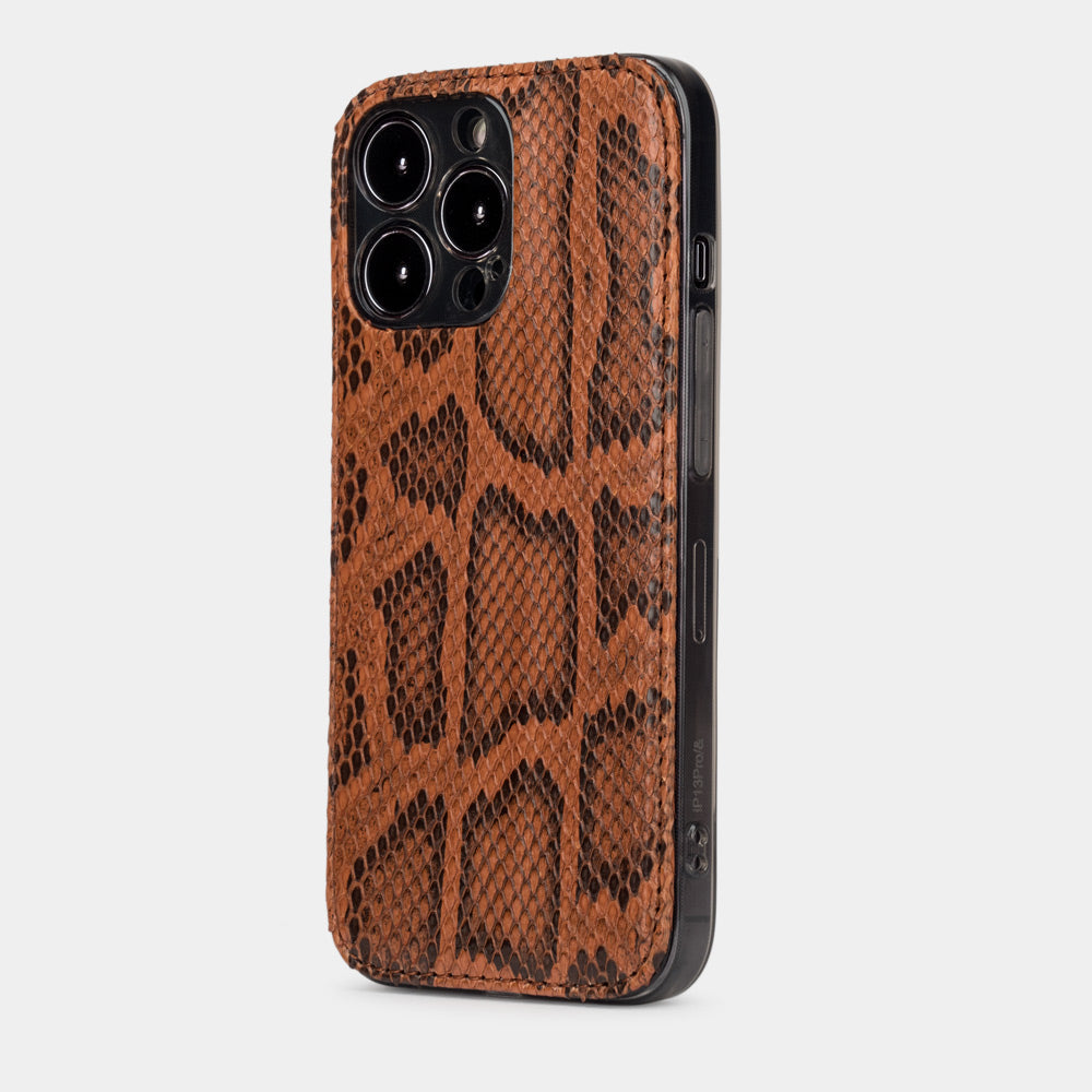 Gold python leather cover case for iPhone 15 Pro – three-quarter back view showing the slim 2 mm profile