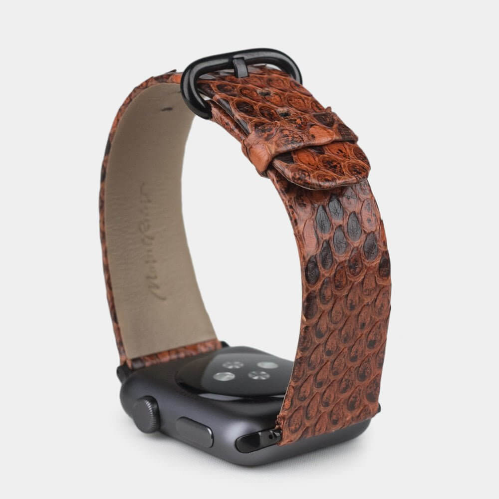 Strap for the Apple Watch 41/42 mm in Gold python leather, with black adapters and buckle | full profile view to see the thickness of the strap