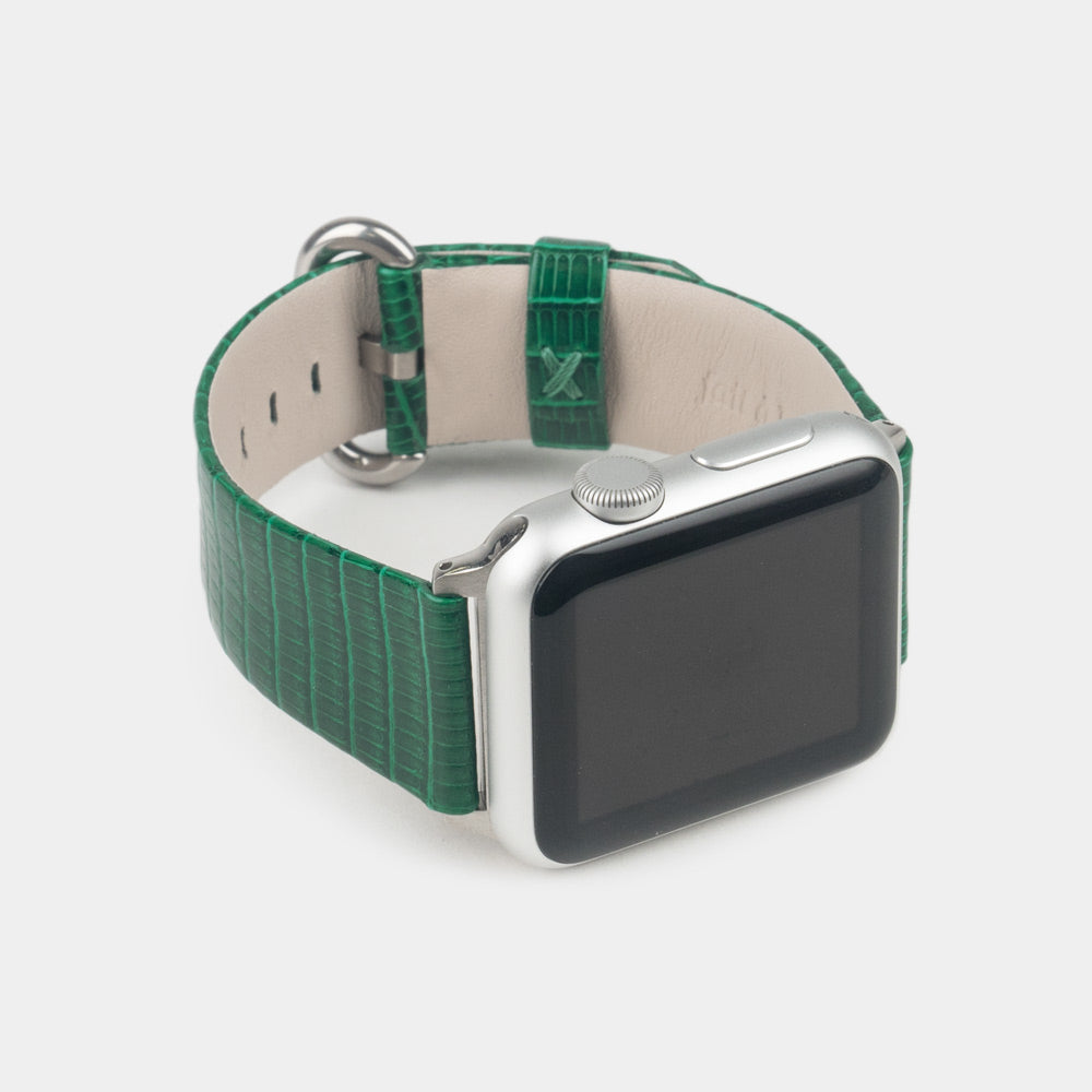 green lizard strap apple watch steel adapters and buckle frontal view
