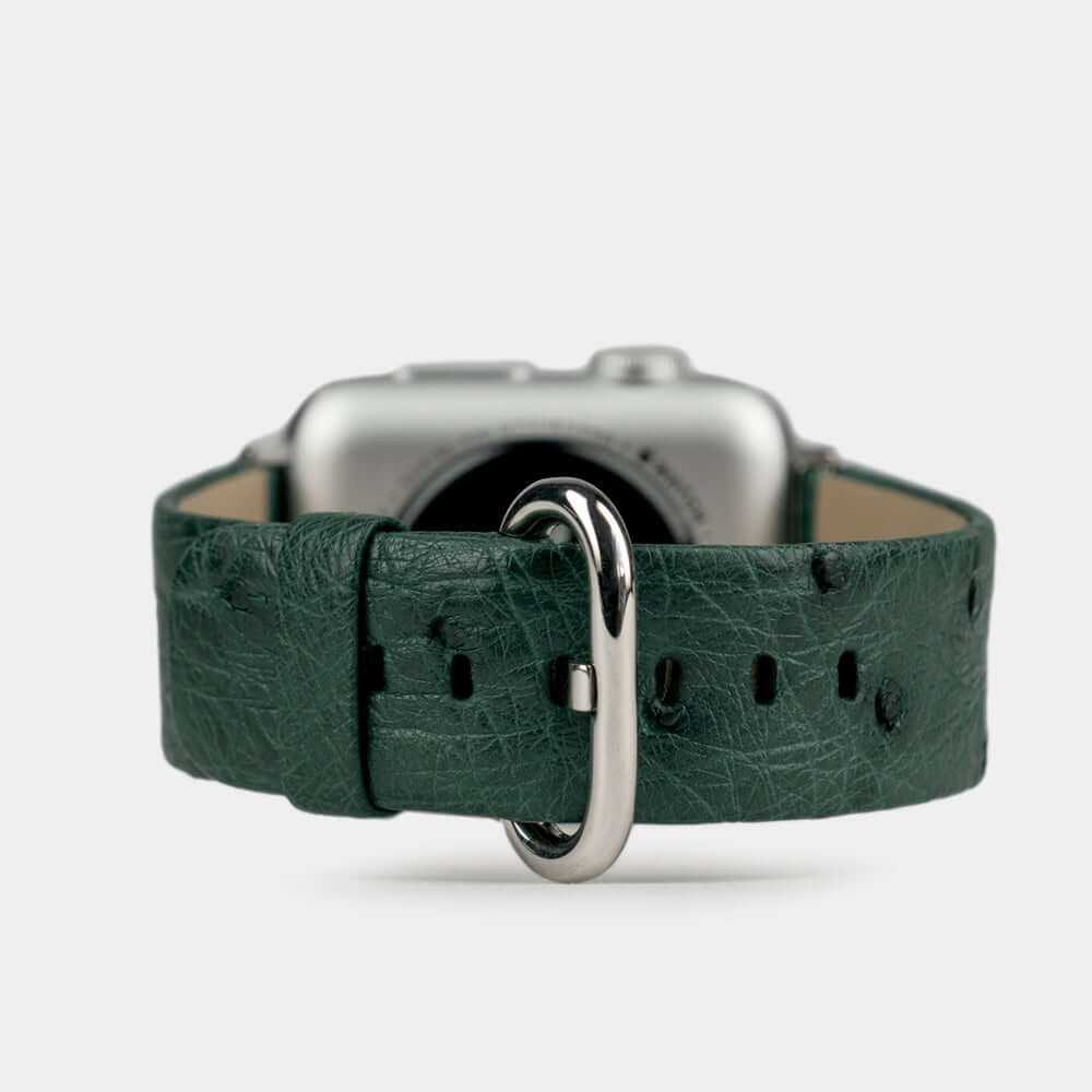 Strap for the Apple Watch 41/42 mm in green ostrich leather, with steel adapters and buckle | main view