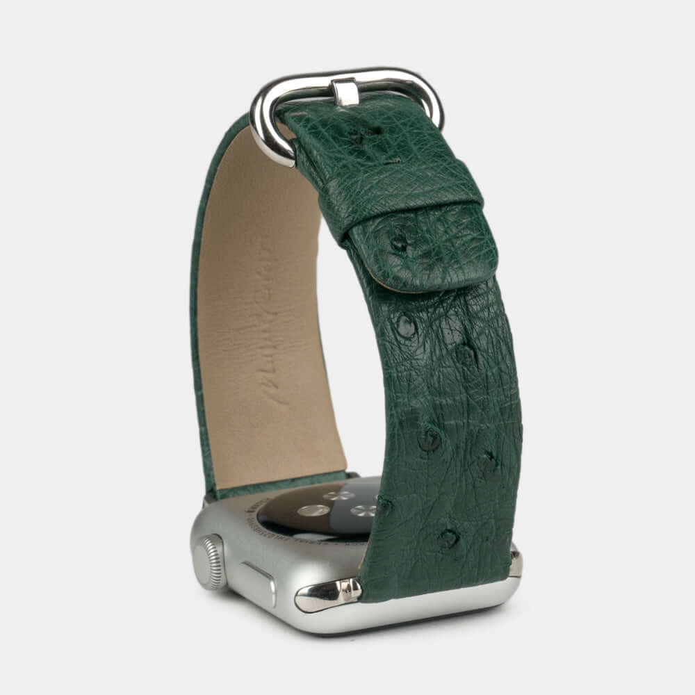 Strap for the Apple Watch 41/42 mm in green ostrich leather, with steel adapters and buckle | full profile view to see the thickness of the strap
