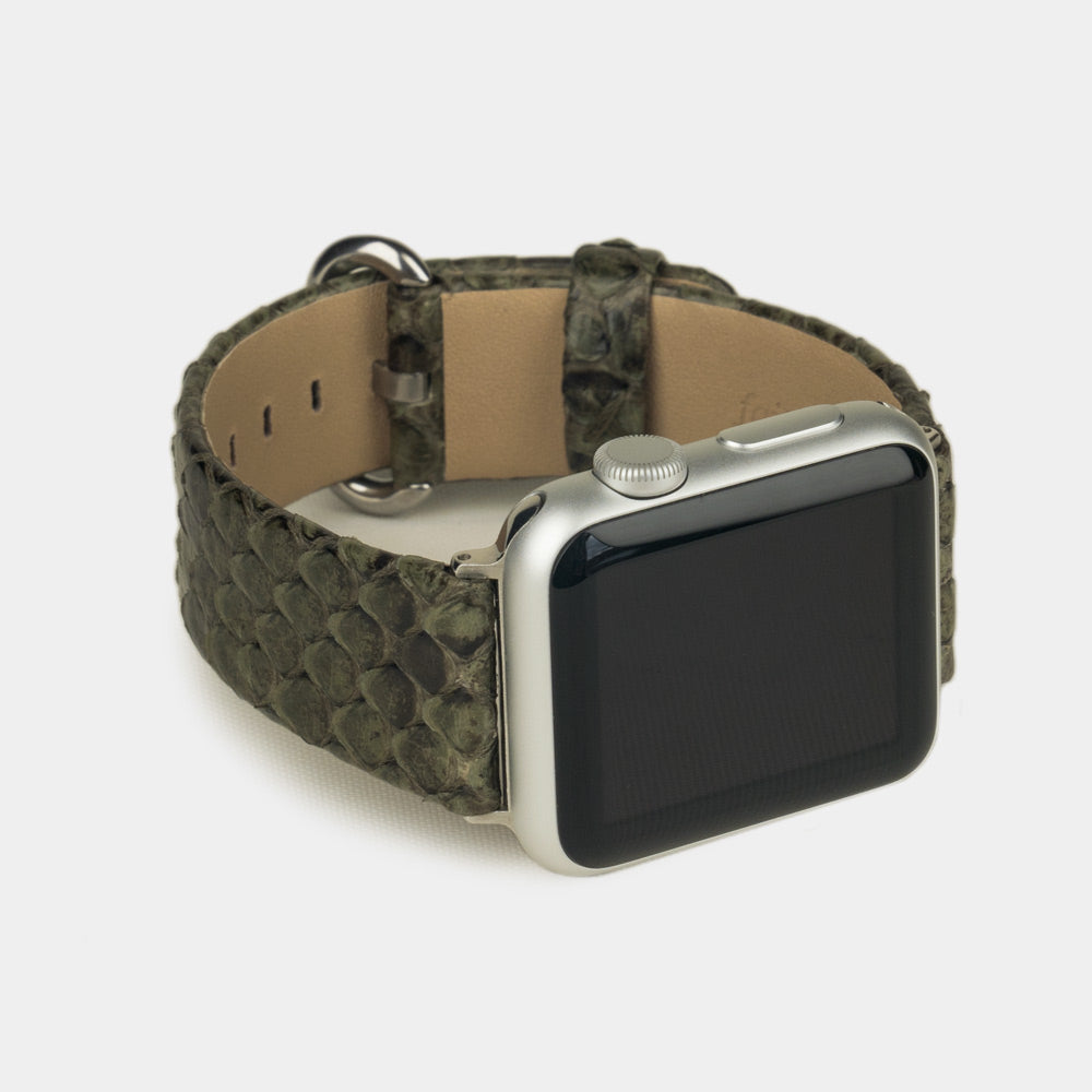 green python band apple watch with steel adapters and buckle frontal view