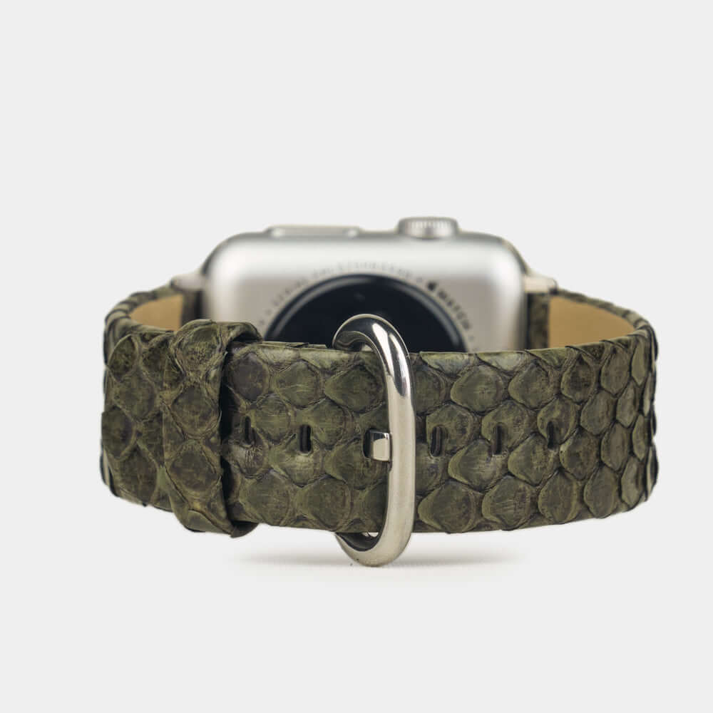 Strap for the Apple Watch 41/42 mm in green python leather, with steel adapters and buckle | main view